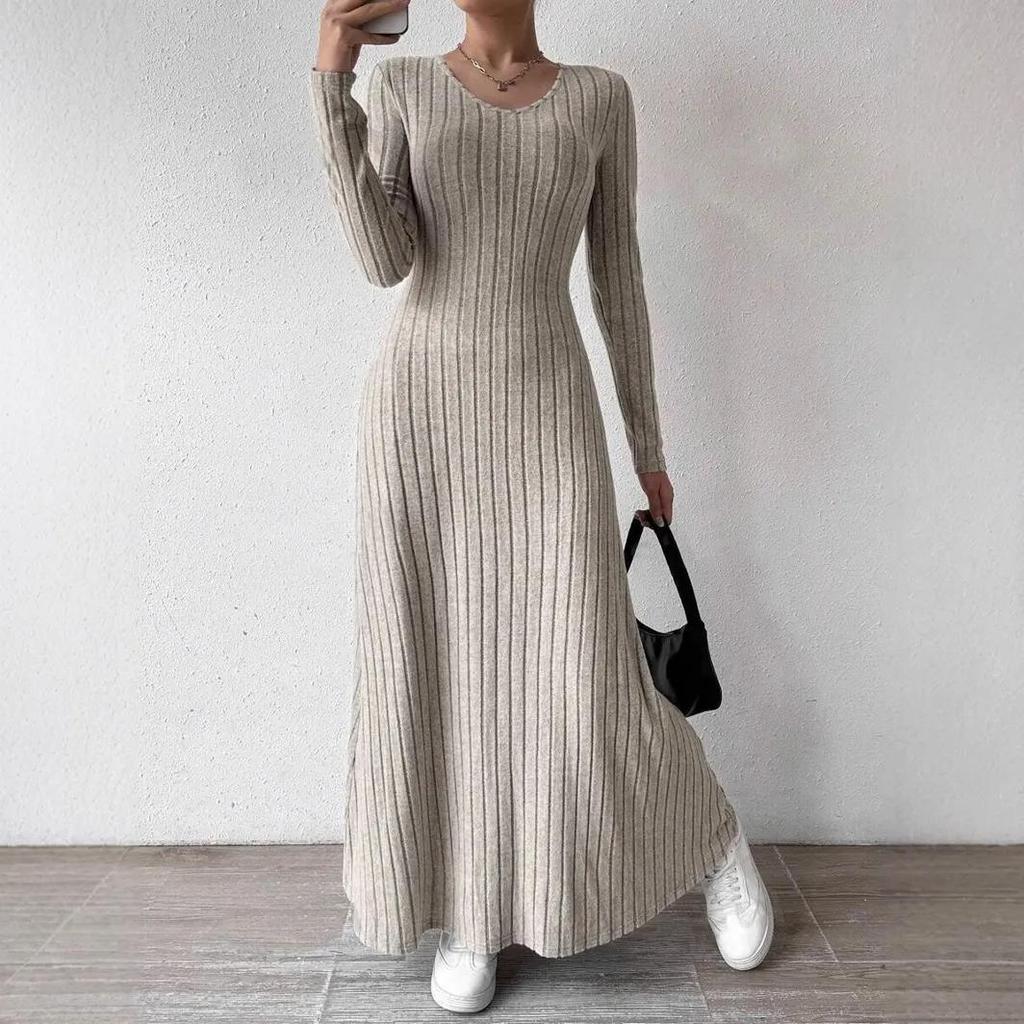 Fashionable Knitted Long Sleeve A- Line Streetwear Dress Women Smooths and Slims Your Silhouette Solid Color Long Dress