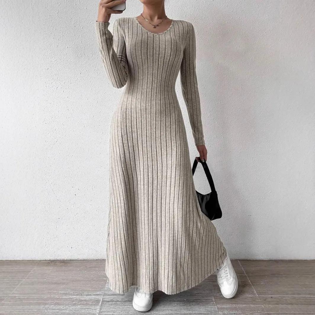 

Fashionable Knitted Long Sleeve A- Line Streetwear Dress Women Smooths and Slims Your Silhouette Solid Color Long Dress S