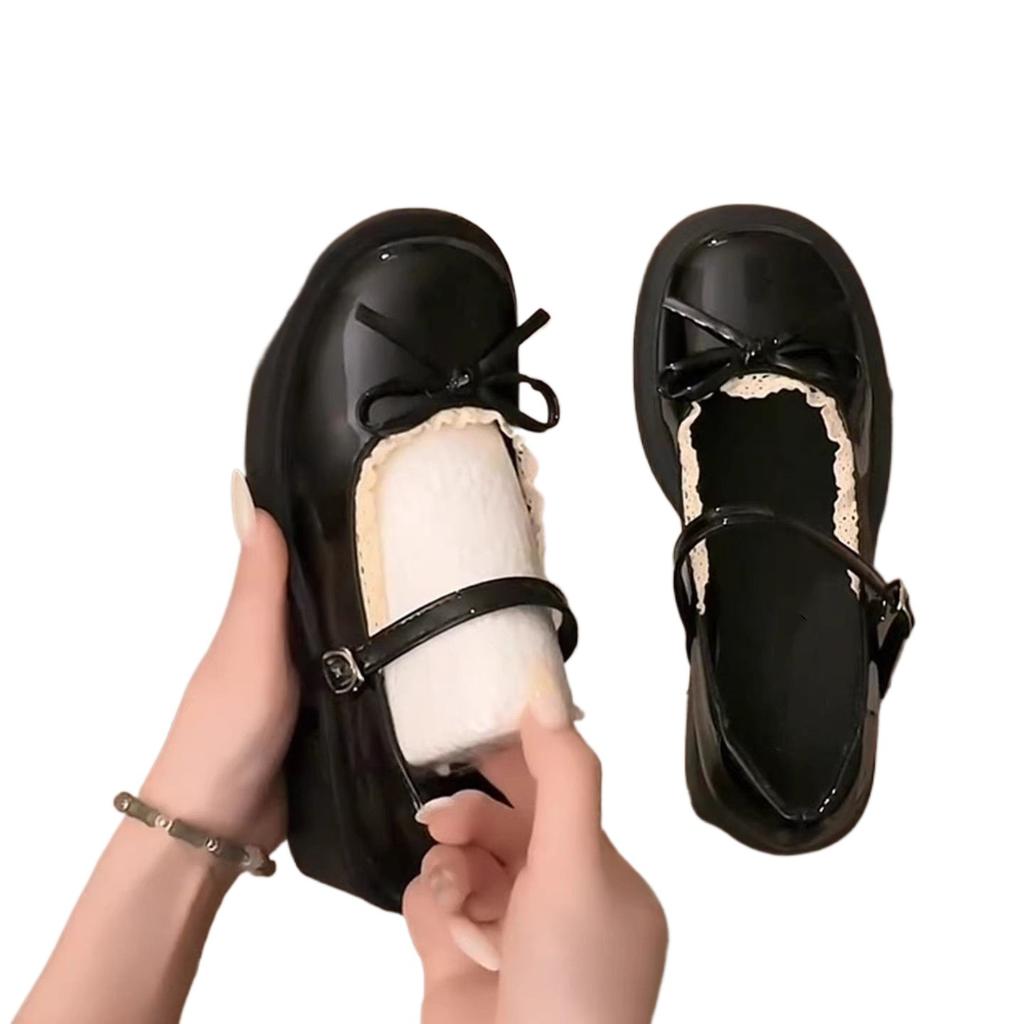 French Bow Lace Thick Heel Mary Jane Shoes Women's 2025 Autumn New Versatile Light Mouth British Style Small Leather Shoes
