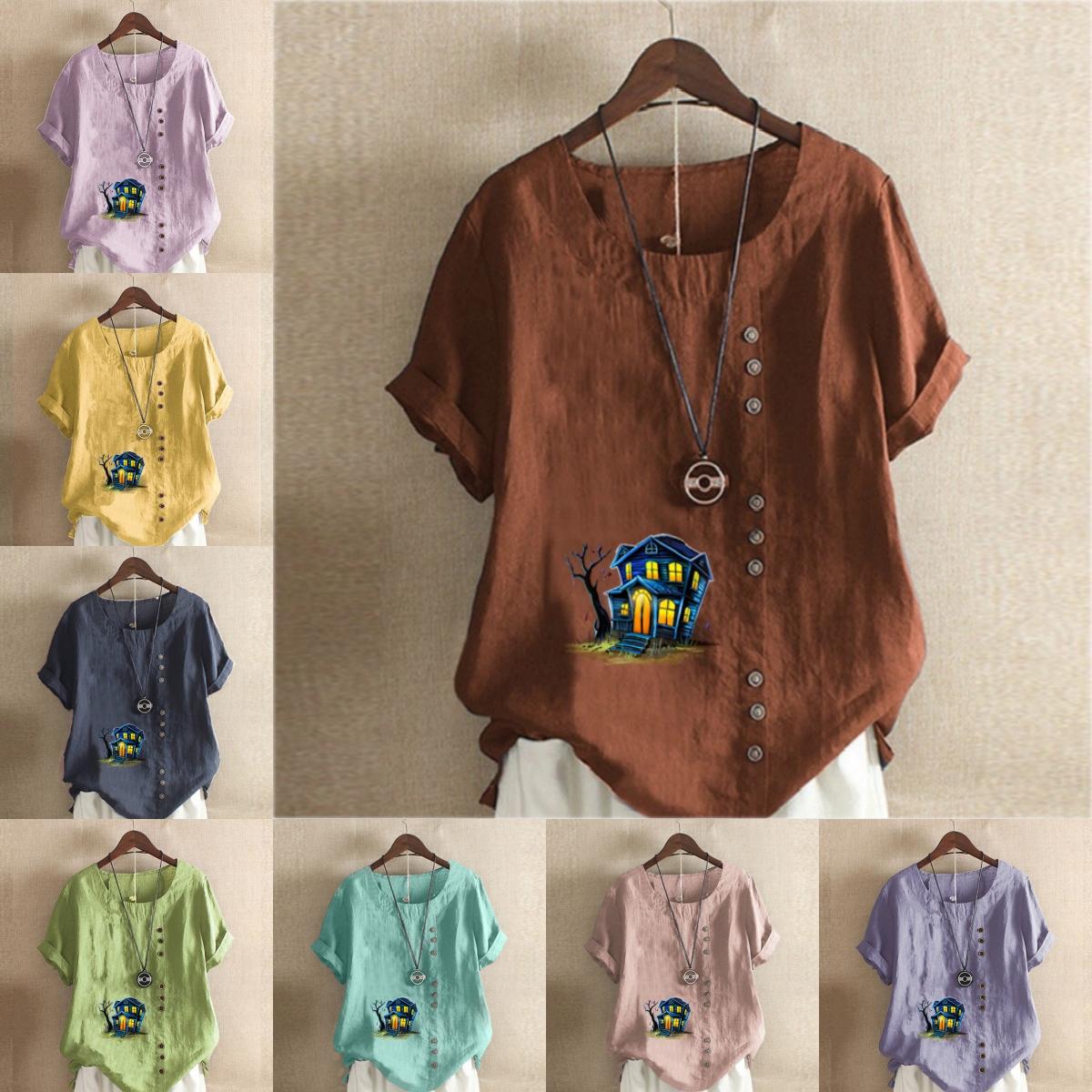 

Женская модная футболка с круглым вырезом и коротким рукавом, повседневная хлопковая льняная рубашка с рисунком, свободная летняя блузка с принтом «Дом с привидениями», топы для отдыха
