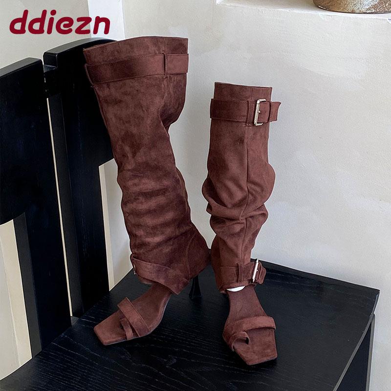 Fashion Fashion Open Toe Women Knee High Boots Shoes Female Flock Footwear Square Toe Ladies Sandals Boots With Thin Heels Shoes Pumps