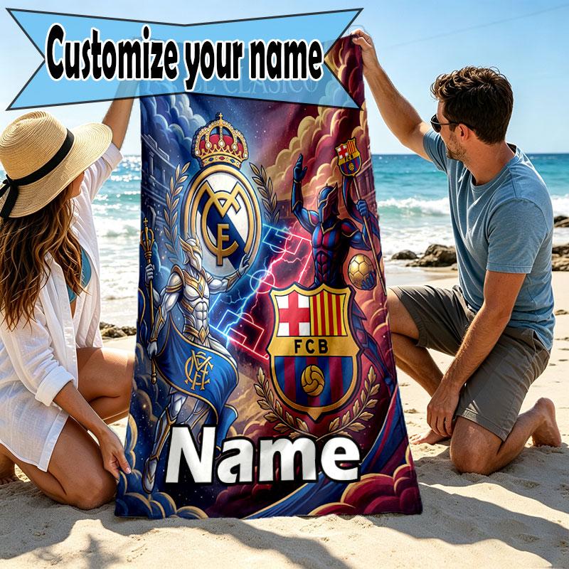 Custom Name Personalized Barcelona FC Soccer Print Beach Towel, for Trip Camping Beach Party Home Decor, Birthday Gift for Family & Friends
