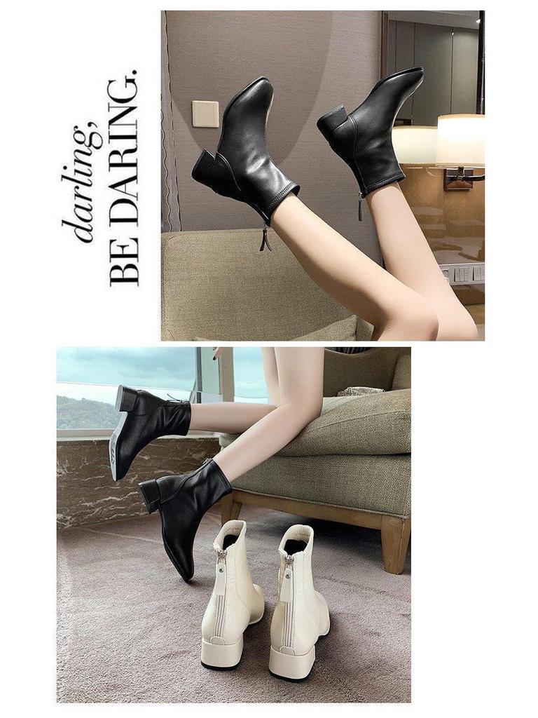 Beige Slimming Square Toe Chunky Ankle Boots with Back Zipper and Fleece Lining for Women – 2025 Autumn/Winter Collection