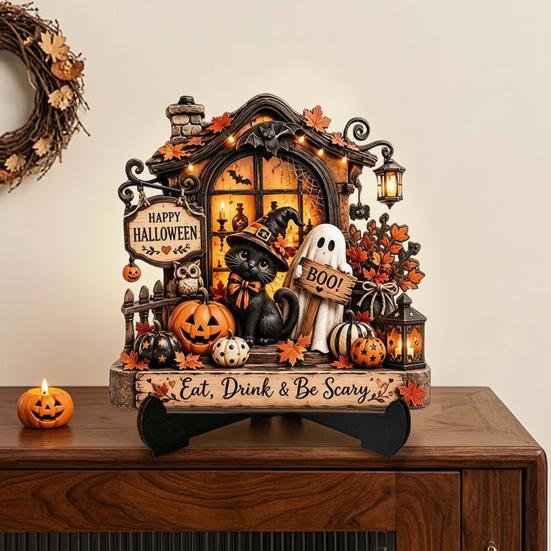 Centros de Mesa de Halloween Cartel de Madera para Mesa, Calabaza Gato Negro Fantasma Casa Encantada Placa Decorativa Manualidades de Relieve Tridimensional con Soporte,