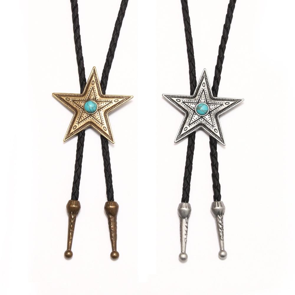 Boho Five-pointed Star Bolo Tie PU Woven Bronze Butterfly Choker Turquoise Feather Necklace  Men