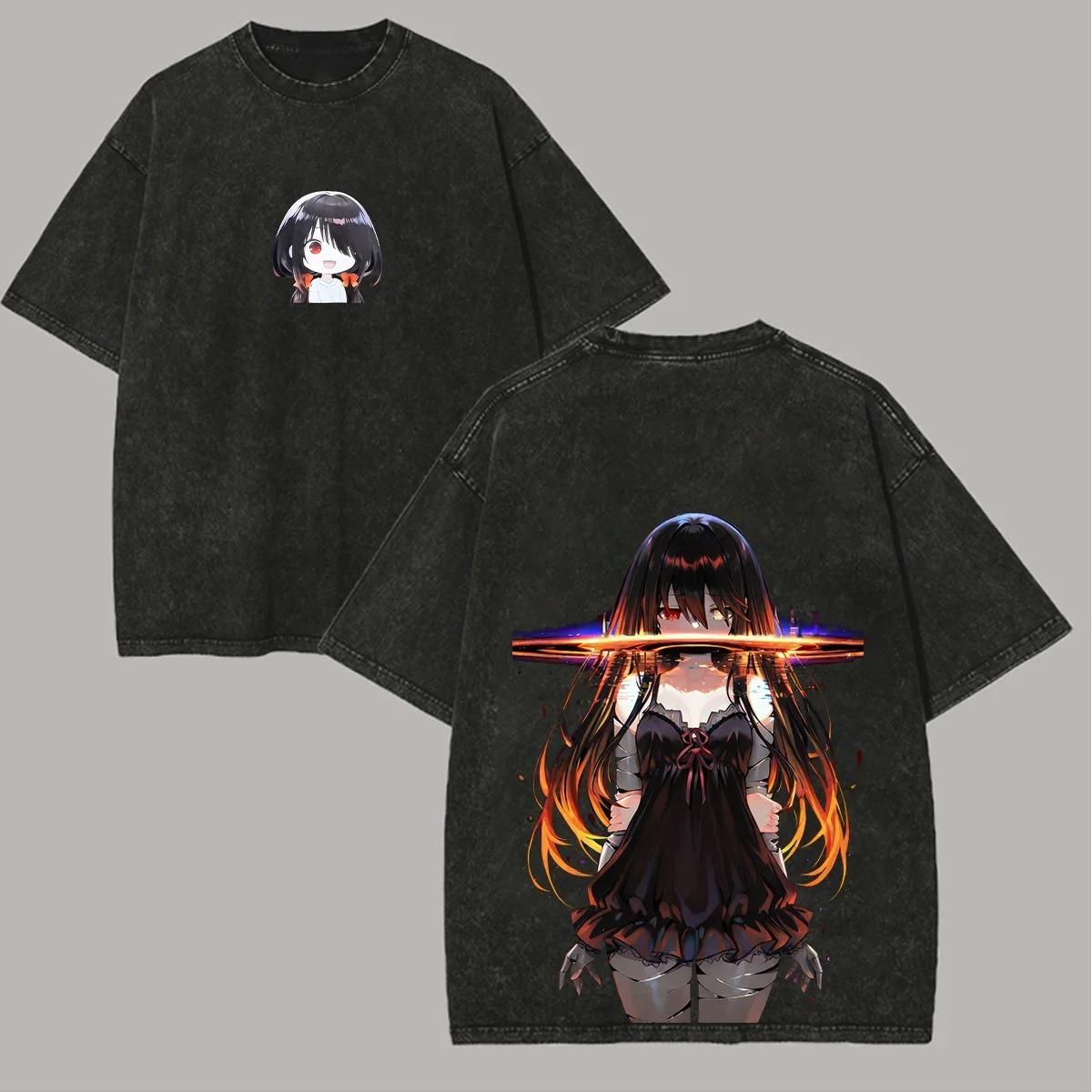 Date A Live Kurumi Tokisaki Dual-Sided Acid Washed Graphic T-Shirt Gothic Anime Vintage Black Oversized Unisex Streetwear T-shirt L