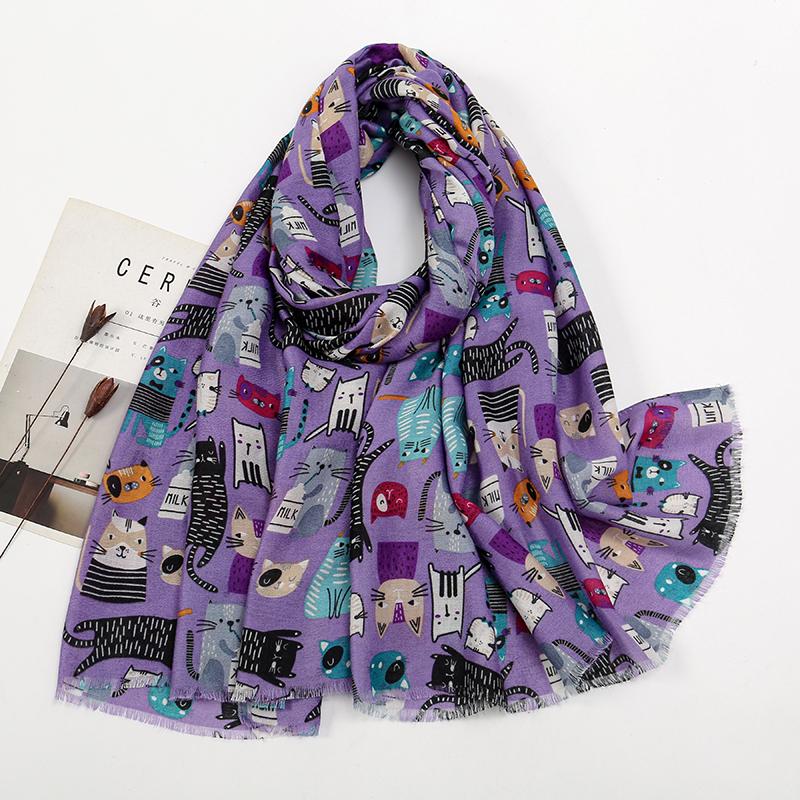 Women Printed Scarf Long Shawl Animal Luxury Designers Scarf Cute Cat Patterns Hijab Soft Viscose Hijab Women Floral Tippet