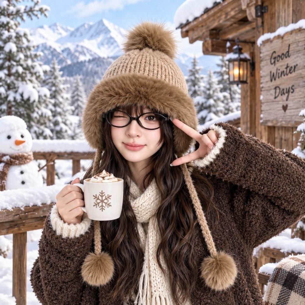 Polyester Faux Fur Hat Thick Warm Winter Knitted Hat Cozy Fair Isle Trapper Hat For Women