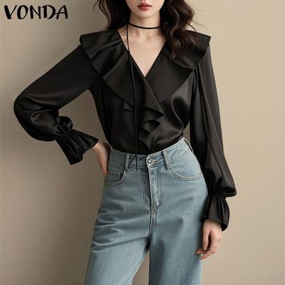 Kadın Zarif Yaka Düz Renk Uzun Kollu Fırfırlı Bluzlar