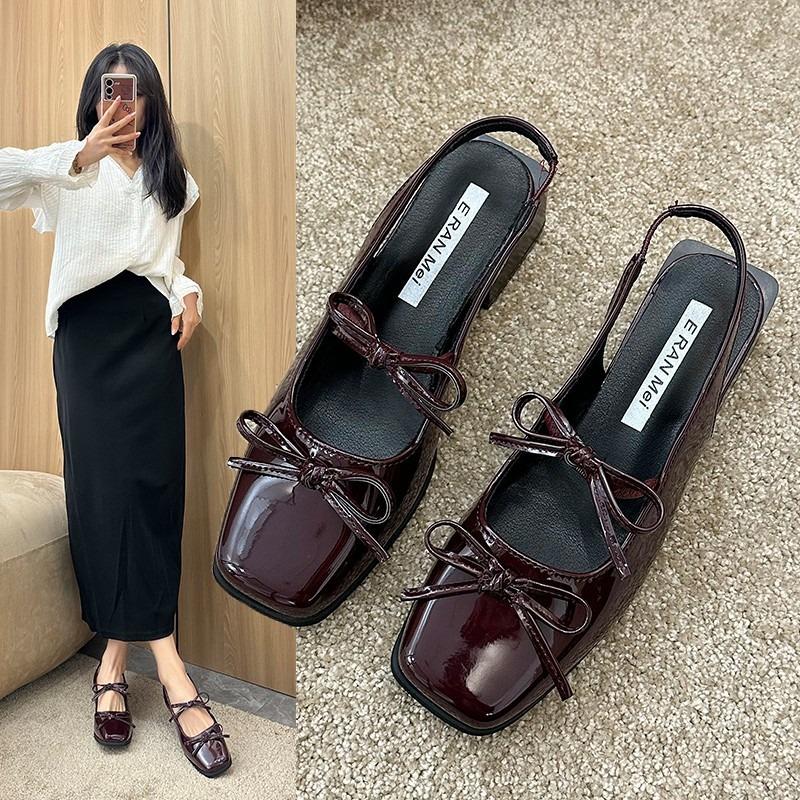 Elegant Patent Leather Mary Janes Shoes 2025Summer Bowknot Square Women's Chunky Heel Shoes Comfortable Ladies Back Strap Sandal