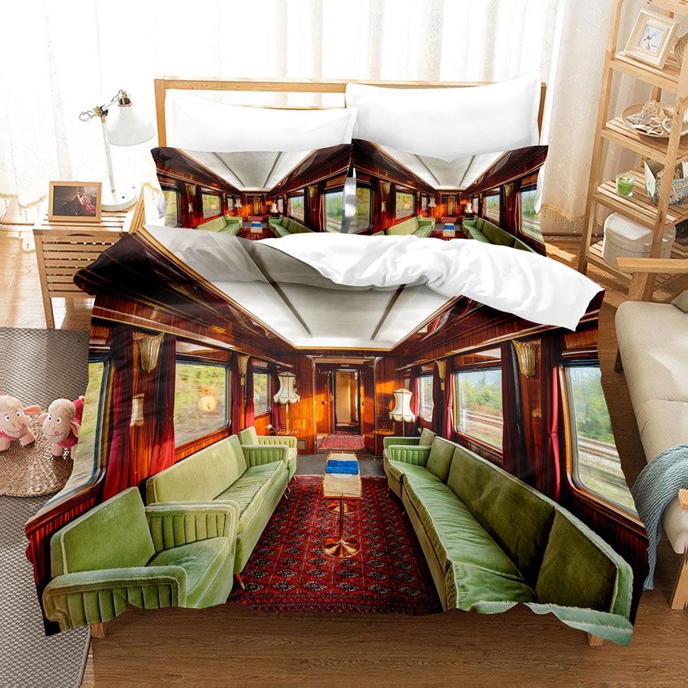 Steam Engine Duvet Cover Set Transportation Old Train King Queen Full Size Polyester Bedding Set for Teen Boys Adult Living Room