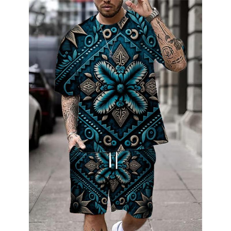 2025 New Summer Men's Short Sleeve Shorts Set Street Everyday Casual Men's T-Shirt Outdoor Fashion Loose Shorts Bohemian Print