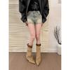 Hot Girl Oni! Trendy Leopard Print Pointed Toe Wedge Trouser Boots Women's Autumn Detachable Belt Buckle Mid-leg Boots