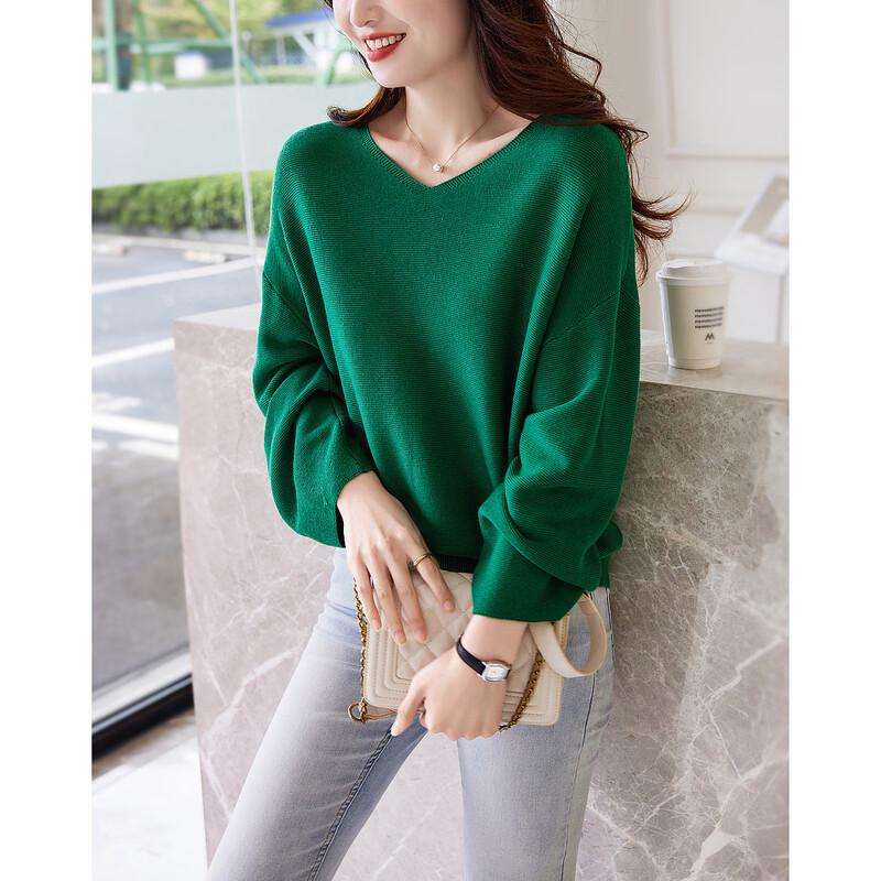 Demana Women's V-Neck Lantern Sleeve Wool Blend Knit Sweater