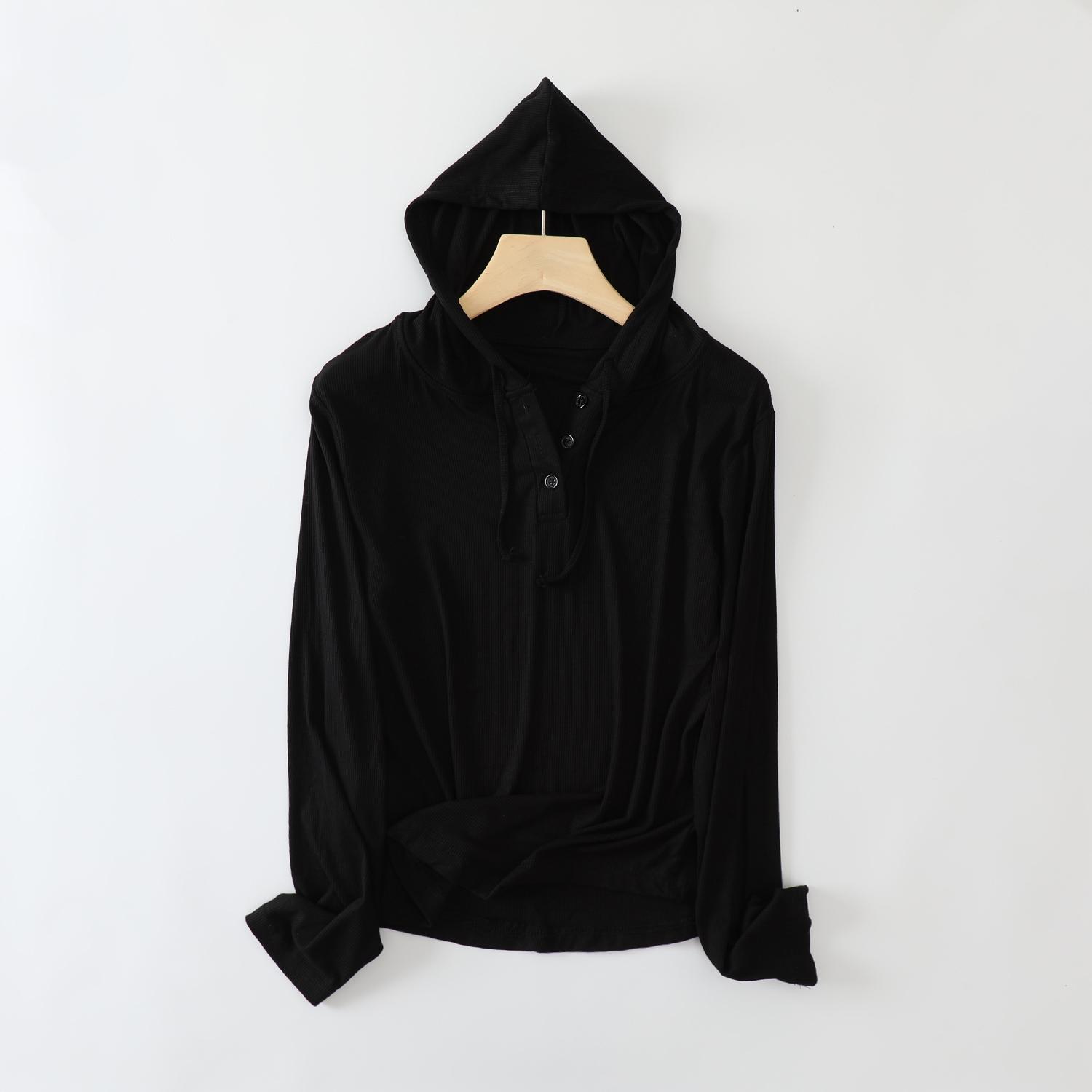 

Нижняя рубашка женская весна осень наряд однотонные футболки с капюшоном лето M чёрный