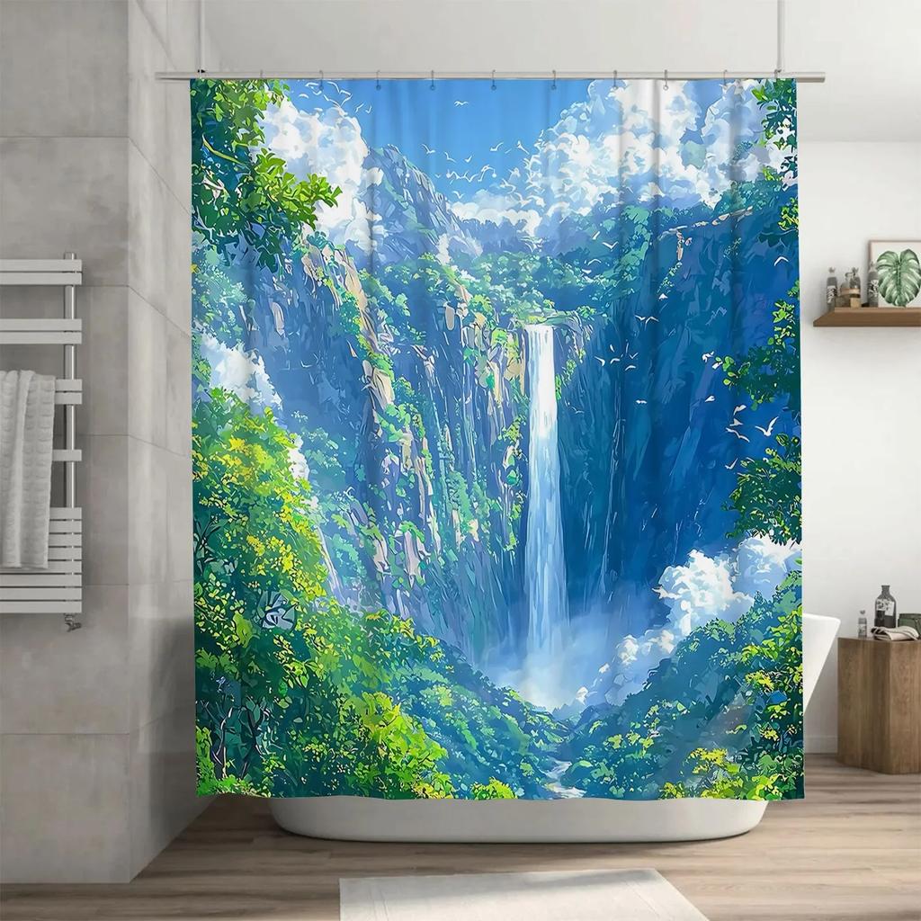 Vibrant Waterfall Shower Curtain For A Refreshing Bathroom, Featuring A Stunning Landscape With Lush Greenery And A Majestic