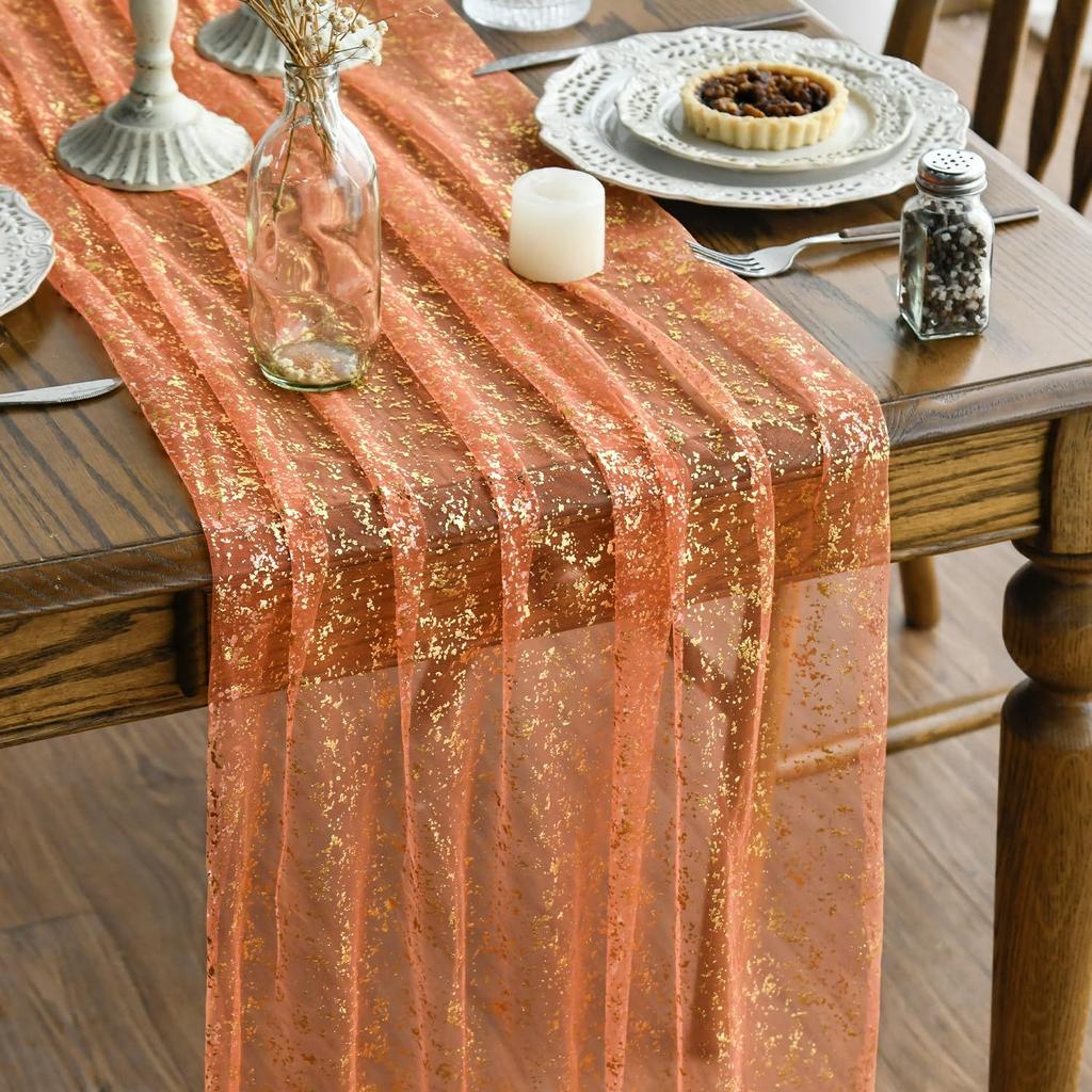 Gold Foil Mesh Table Runner Sheer Glitter Tablecloth Party Wedding Dining Table Decor