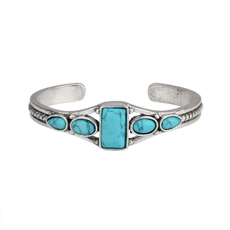 Bohemian Vintage Turquoise Adjustable Cuff Bracelet with Geometric Design