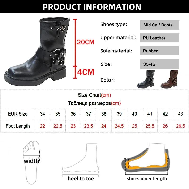 Fashion Punk Style Buckle Strap Mid-Calf Boots Women Black PU Leather Platform Western Boots Woman Big Size Square Toe Thick Heels Boots