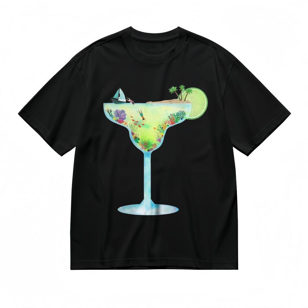 Women's T-shirt With Island Cocktail Graphic Unisex Black 100% Cotton Top Summer