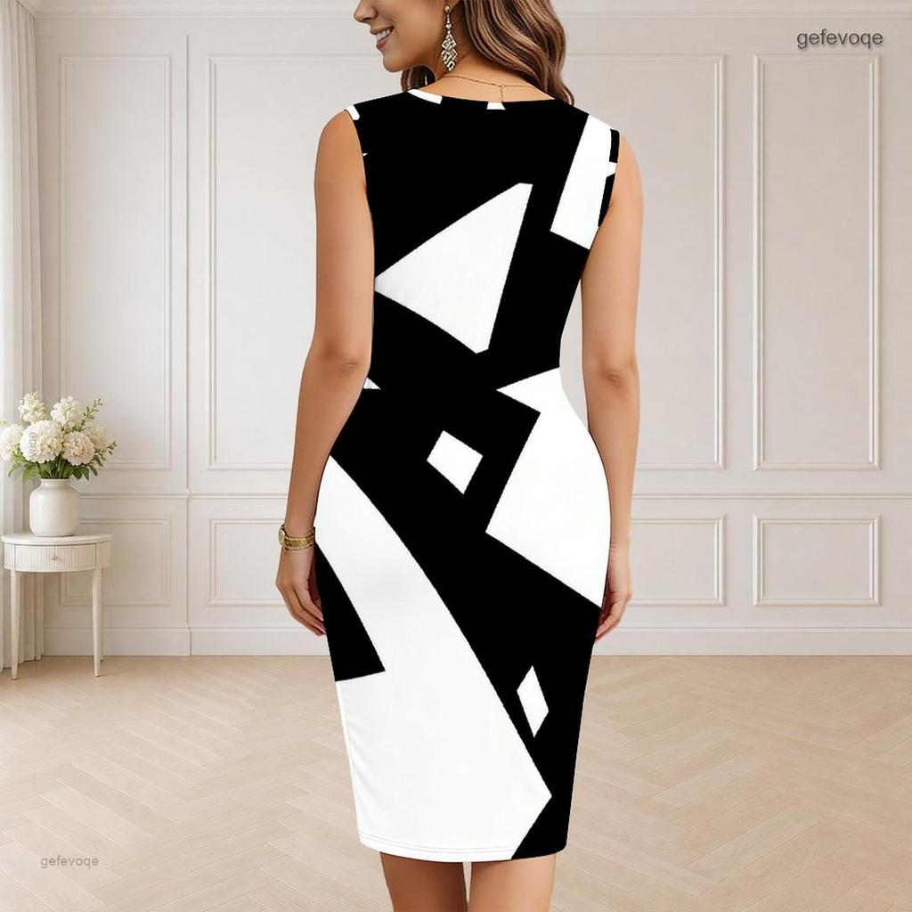 Women Plus Size V Neck Sleeveless Black White Printed Bodycon Midi Dress