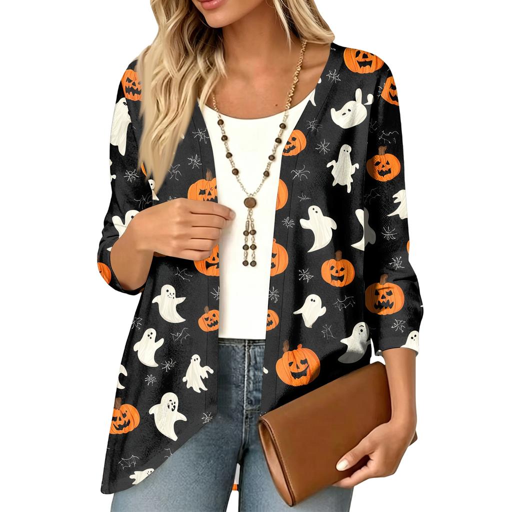 Cardigan décontracté léger ample à manches 3/4 imprimé pour femme pour Halloween