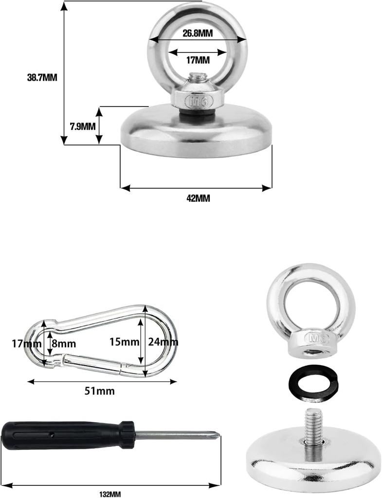 YESCUT Super Strong Magnetic Hooks with Carabiners (Set of 3), 115kg Weight Capacity, 60mm Diameter, 304 Stainless Steel, Strong Magnets, Rust-Resista