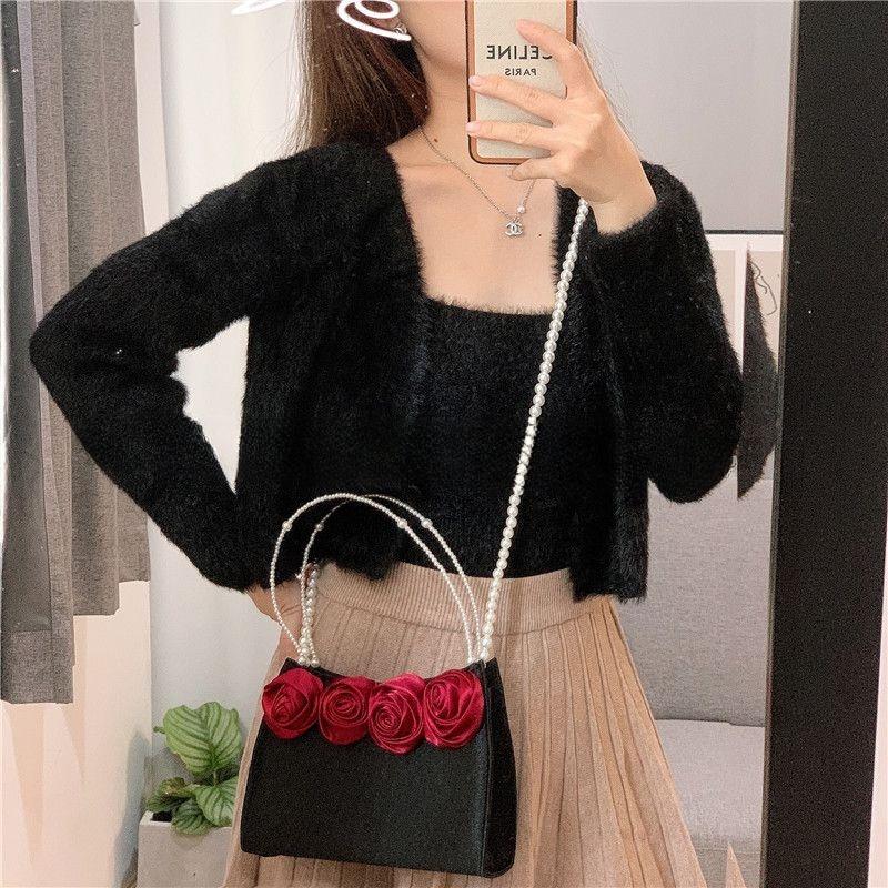 

Rose Flower Petals Party Evening Square Handbag Women Satin Shoulder Pearls Beaded Crossbody Bag Ladies Elegant Shoulder Bag New 24x14cm чорний