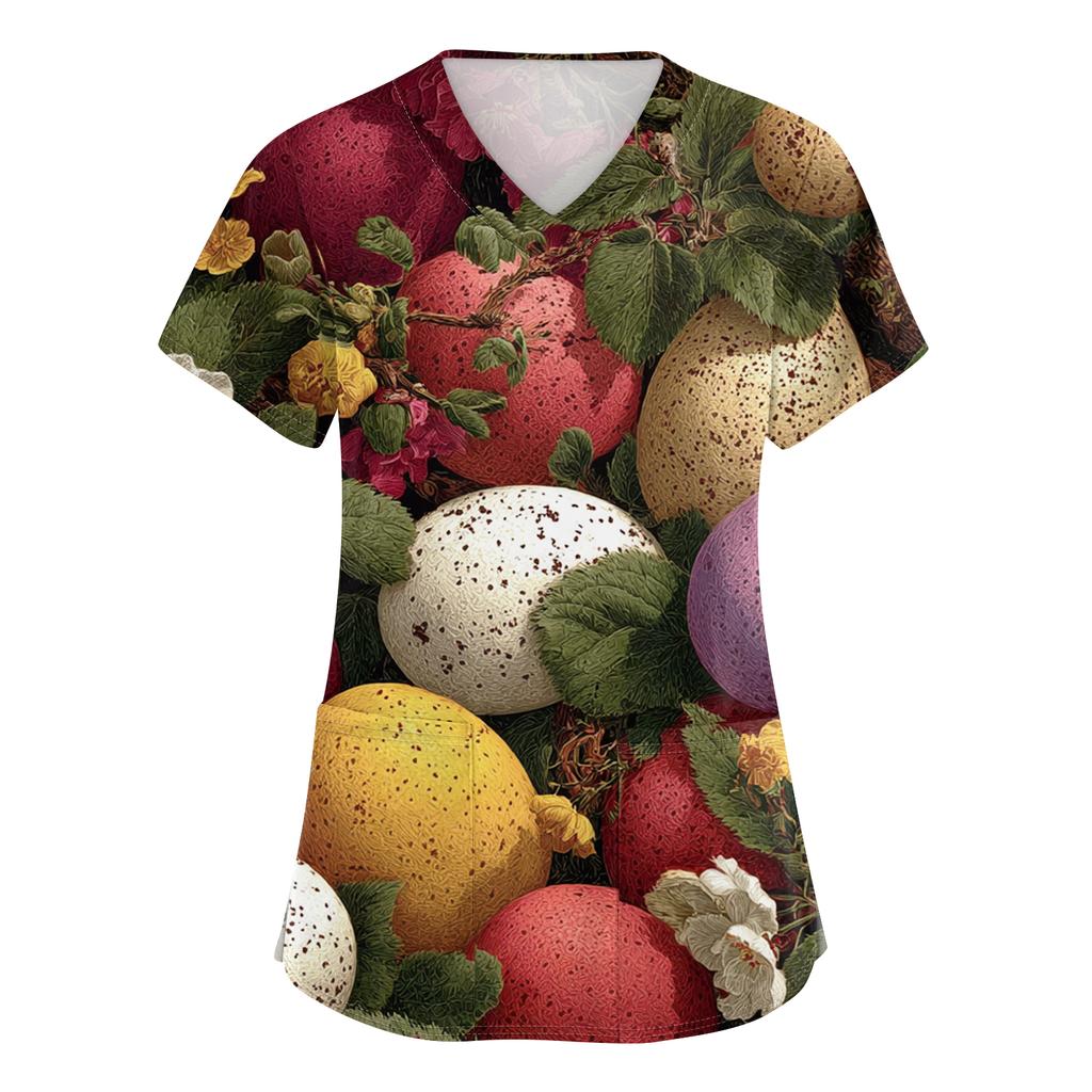 Damenmode V-Ausschnitt Kurzarm Arbeitskleidung Mit Taschen Osterdruck Oberteil Pflegekraft Uniform