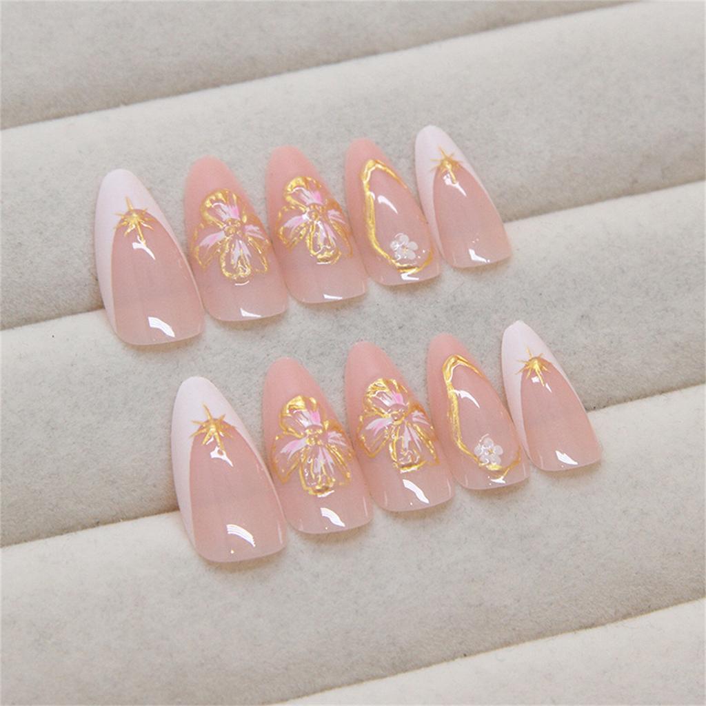 24PCS 3D Peach Flower French Style False Nails Fake Nails Manicure Nails Tips Removable Fake Nails Acrylic Press On Nails