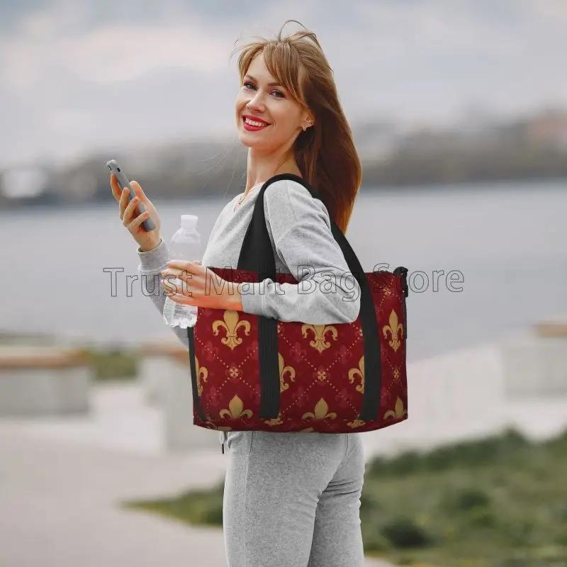 Heraldic Red Lis Expensive Kingly Gold Lily LYS Fleur Pattern Travel Duffel Bag Weekender Overnight Bag Large Capacity Tote Bags