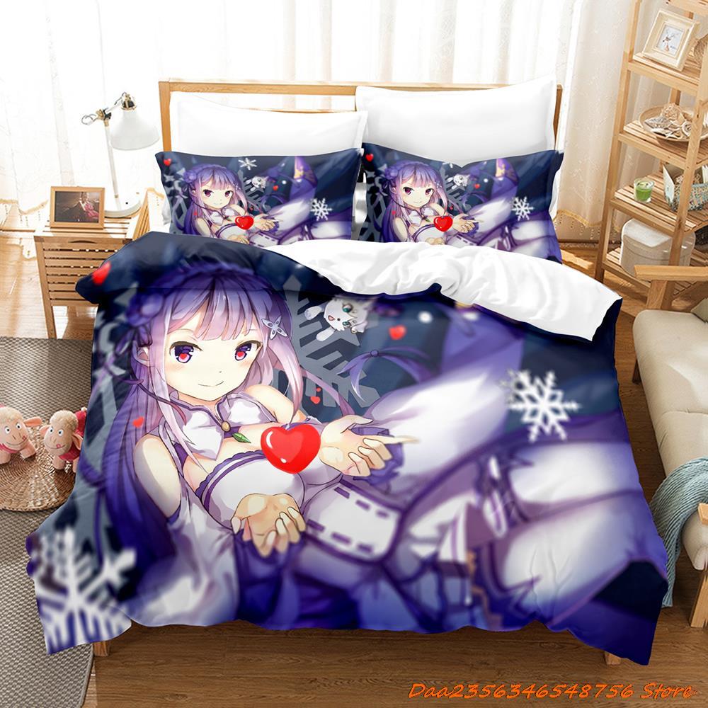 Comforter Re Zero Rem Ram Bedding Set Cartoon Anime Three-Piece Set Adult Kid Bedroom Duvet Sets 3D Kawaii Girl Twin Set