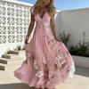Summer Floral Maxi Dress for Women Short Sleeve V Neck A-line Swing Dress Floral Printed Beach Vacation Sundress