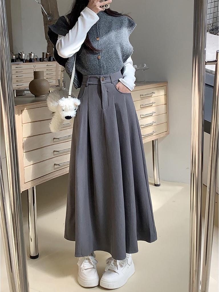 Plus Size Women's High Waist Black A-Line Midi Skirt - Autumn/Winter Fashion