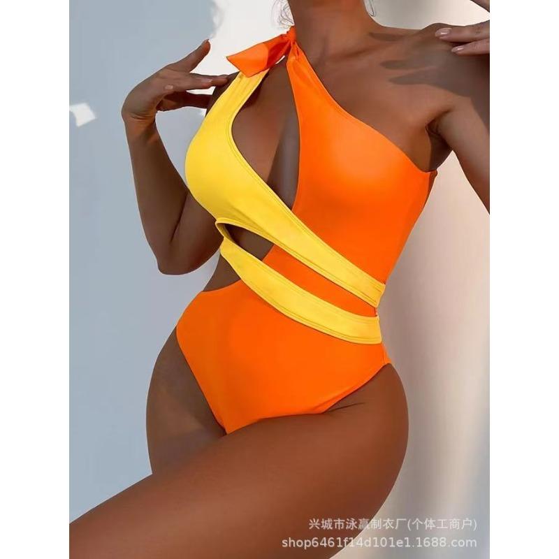 Sexy One-piece Swimsuit Onservative Color Matching Contrasting Color Single Shoulder Sloping Shoulder
