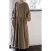 In-Stock Khaki Corduroy Puff Sleeve Dress for Autumn/Winter - Loose Fit, Long Sleeve, Literary Style