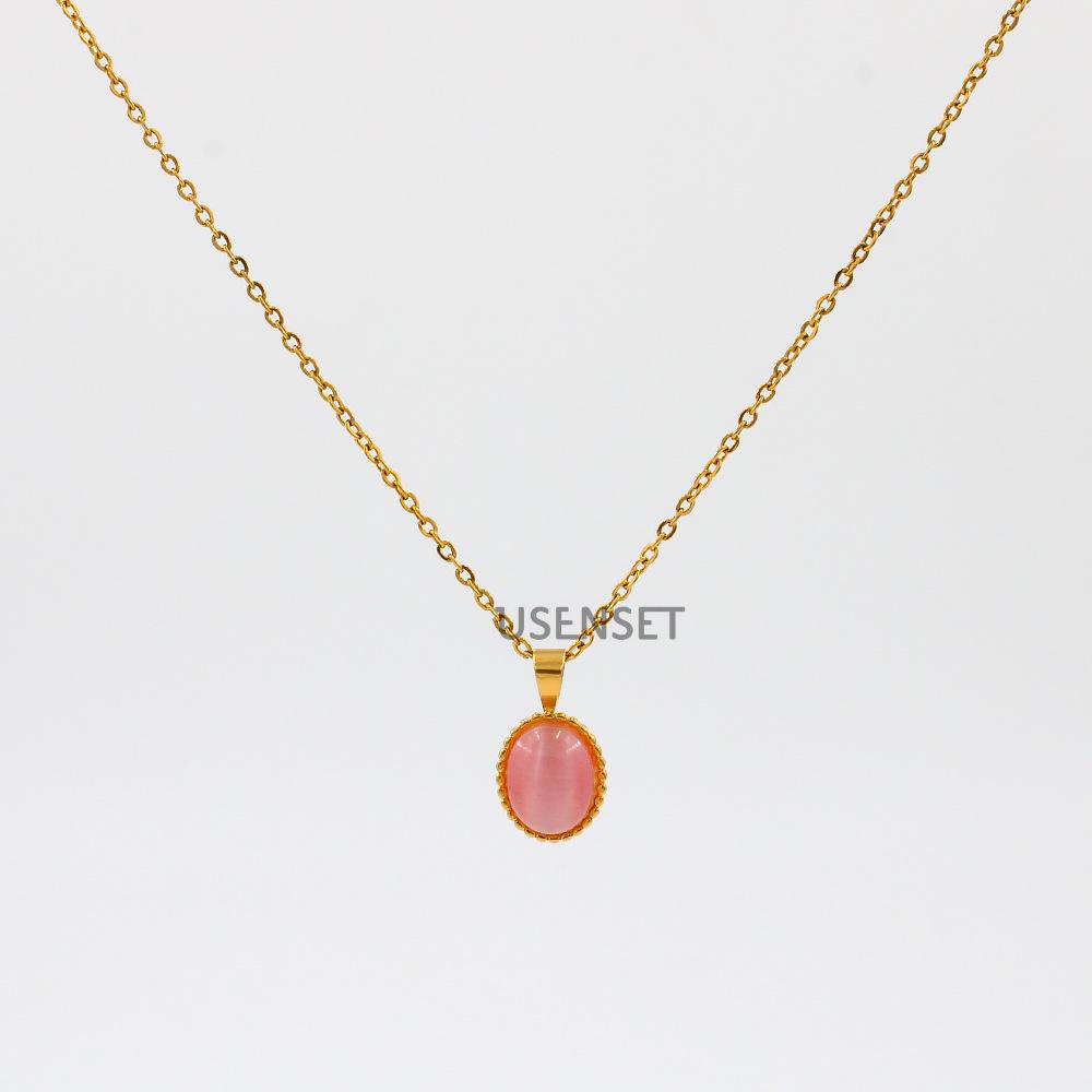 Retro Oval Natural Stone Pendant Necklace - Stainless Steel Fairy Clavicle Chain