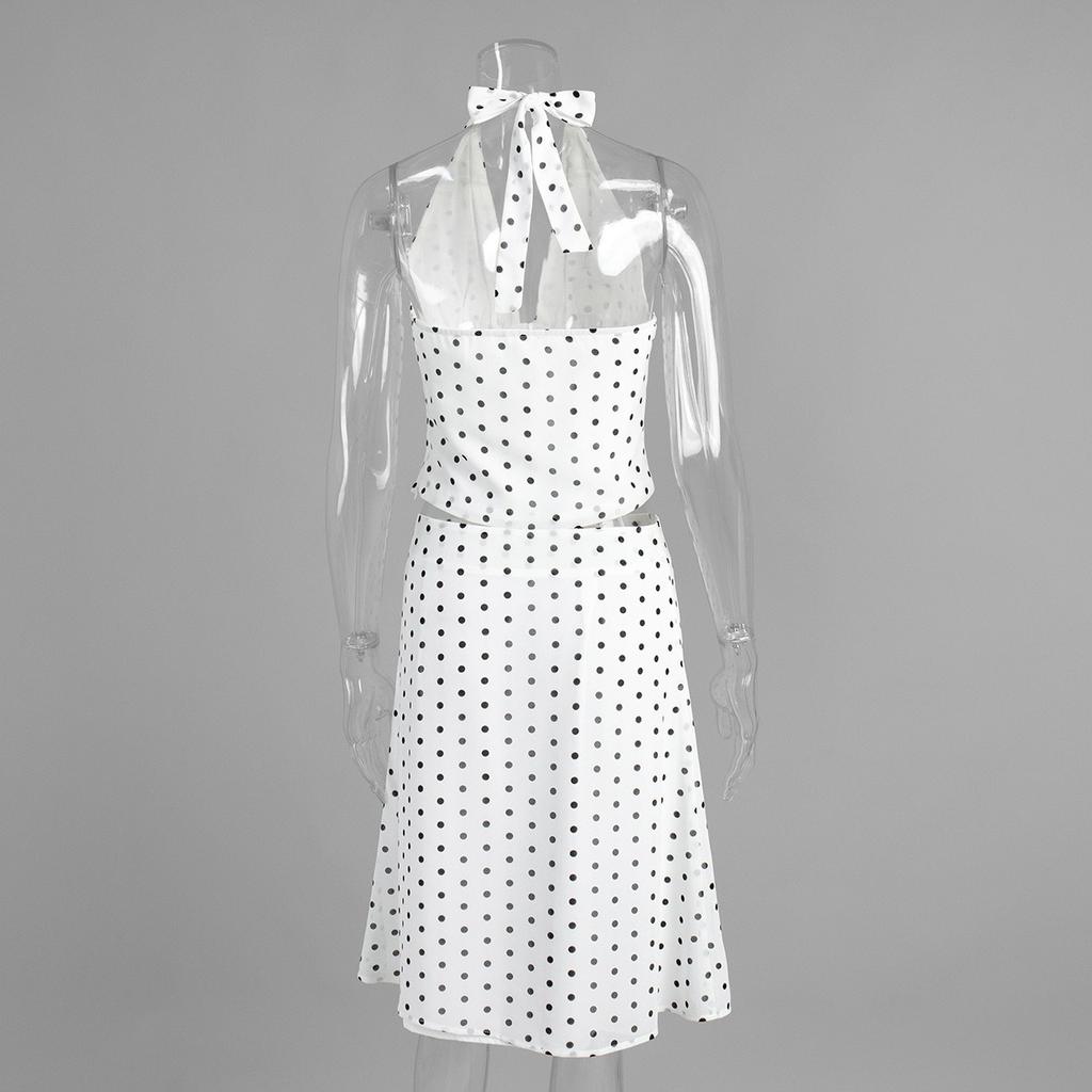 Summer Polka Dot Matching Set Sexy Tie-front Halter Top Low-waist Midi Skirt Y2K Hot Girl Outfit For Women