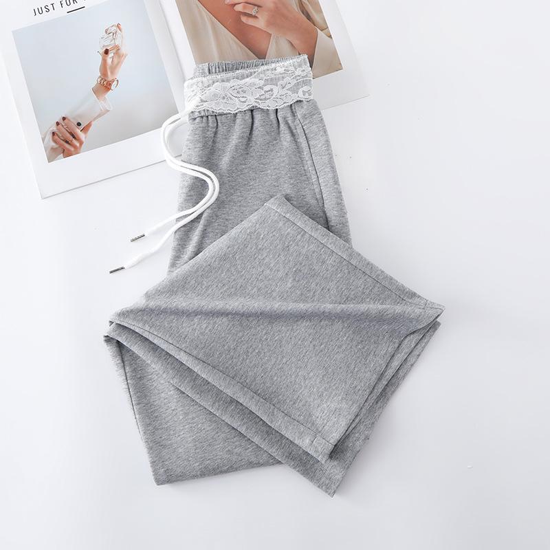 Gray Lace-Trimmed High-Waist Straight Leg Sweatpants for Women - Spring 2025 Collection