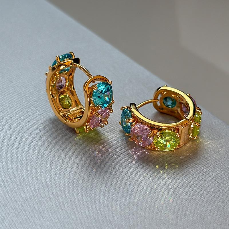 

Color Dopamine A Grade Zircon Rainbow Earrings Earrings Light Luxury Premium Real Gold Electroplated Commuter Earrings Women