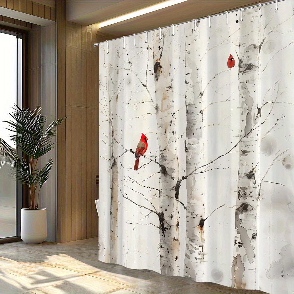 Birch Tree Shower Curtain Red Cardinal Bird Nature Print Bathroom Decor Waterproof Curtains Minimalist Home Style