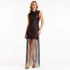 Abito Maxi da Donna Senza Maniche Collo Alto con Frange Spacco Alto Elegante da Festa Sera