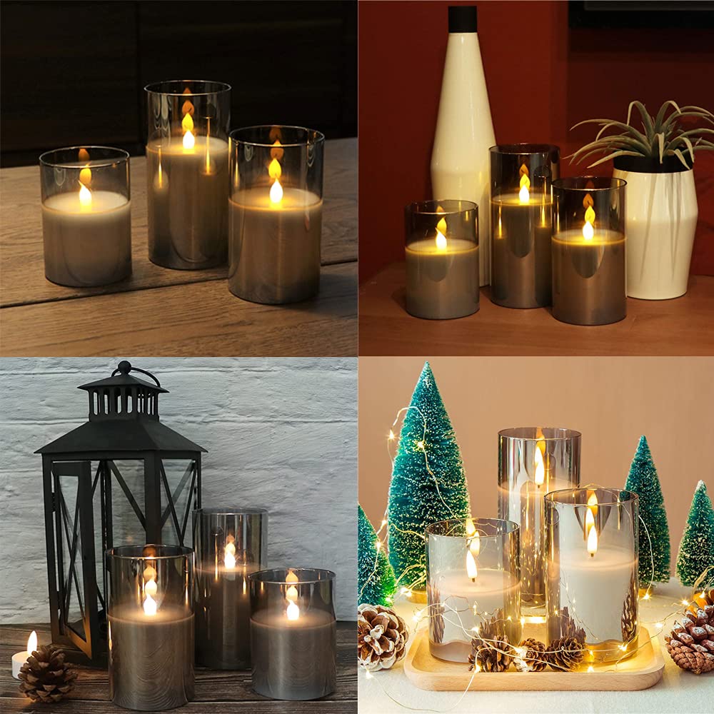 RoSok LED Candle Light of LED Glass Paraffin Energy Battery Adjustable Indoor and Outdoor Remote Control Battery Operated LED Candle Gray [Set 3]