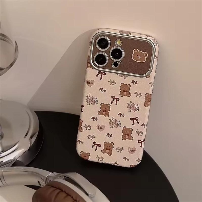 Sött tecknad rosettbjörn lädertextur mobilskal för iPhone17 16 15 14 13 12 11 Pro Max Plus kameralins skyddande stötsäkert fodral