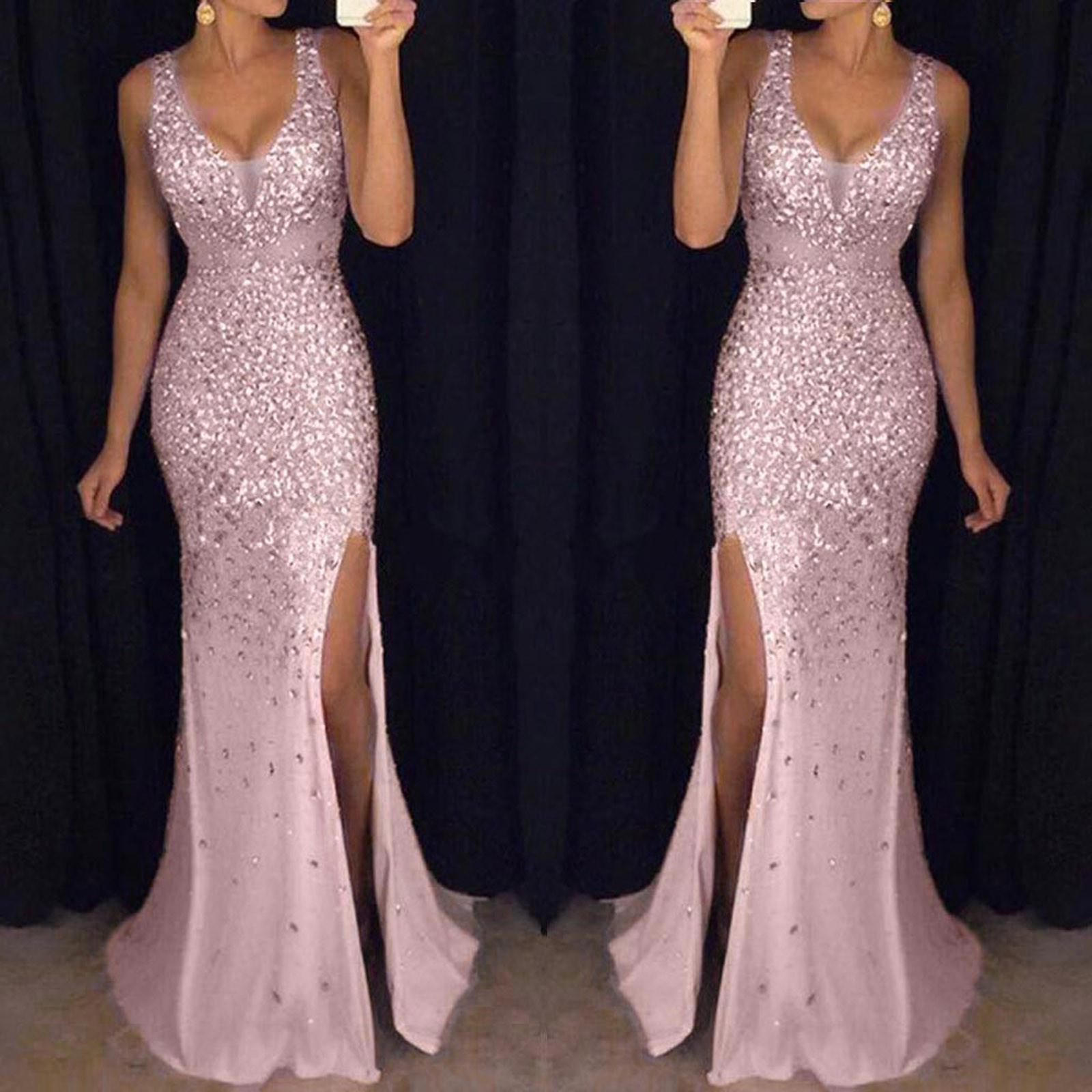 

Женское бальное платье с пайетками для выпускного вечера, сексуальное золотое вечернее платье для подружки невесты с v-образным вырезом, длинное платье S розовый