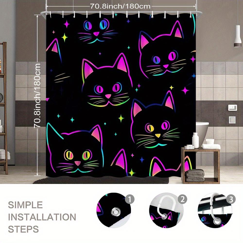 Cats Shower Curtain Colorful Glowing Cat Faces On Black, Retro Futuristic Art Bath Curtain For Modern Home And Bathroom Decor