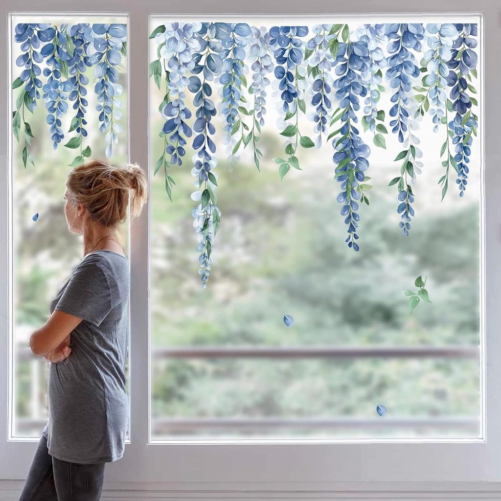 decalmile Purple Hanging Vine Double Sided Window Clings Wisteria Flower Leaf Window Decals Anti-Collision Glass Doors Window Stickers
