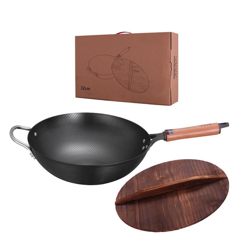 Lilang 32cm Uncoated Iron Wok with Wooden Lid