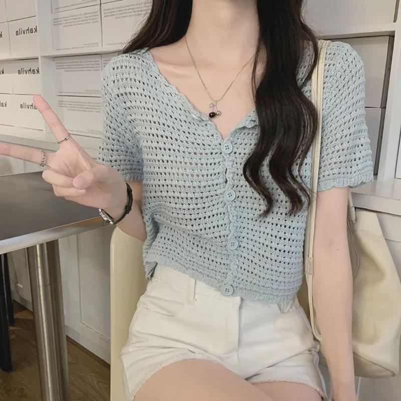 Women's Hollow Knit Cardigan - Short Sleeve, Mesh, Shawl Top, 2023 Spring/Summer Sunscreen Style