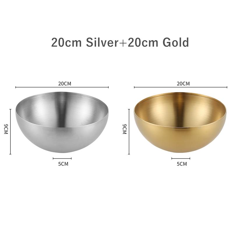 2Pcs Stainless Steel Noodles Salad Bowl Silver Gold Kitchen Fruit Ramen Bowls Egg Mixing Food Container Korean Tableware 15/20cm